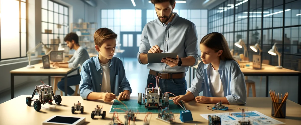 DALL·E 2024-02-10 17.29.09 - The image depicts a technical education setting with one teacher and two students in a spacious, modern classroom. The teacher, equipped with a tablet