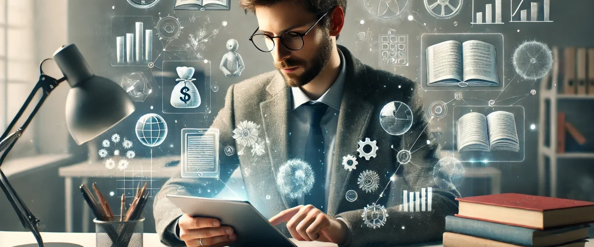 DALL·E 2024-09-04 16.47.49 - A photorealistic image of an educator at a desk, surrounded by open educational resources like digital devices (tablet, laptop) and physical materials